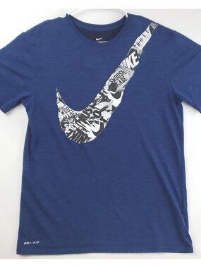 Nike Dri-Fit Shirt Mens Medium Blue Cotton Big Swoosh Crew Neck Pullover Classic